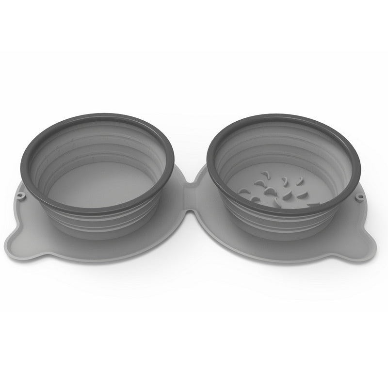 Collapsible gray pet bowls with a stand on a white background