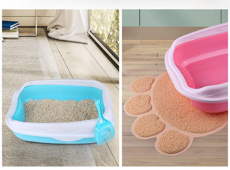 Collage of a cat litter box and a paw-shaped mat on a wooden floor.