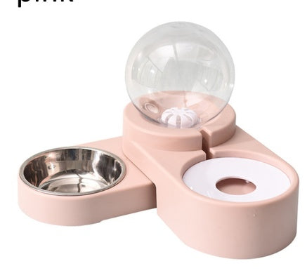 Pink pet feeder with a transparent water bowl on a white background