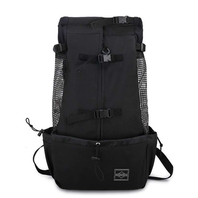 Black backpack with mesh side panels on a white background