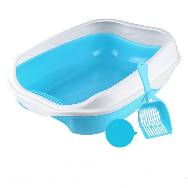 Blue pet litter box with a scoop on a white background