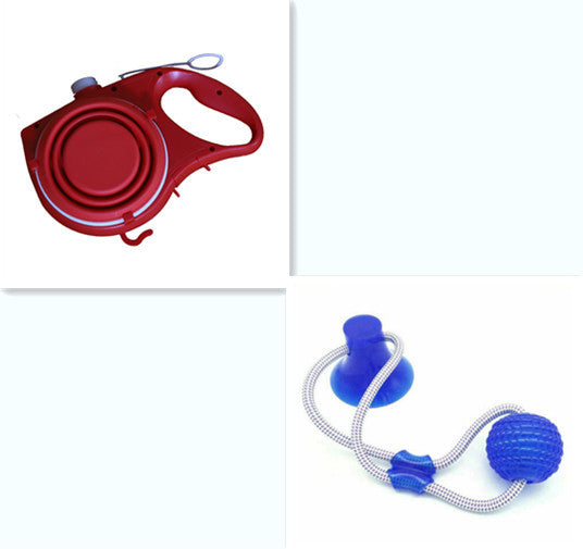 Red retractable dog leash and blue dog toy with rope on a white background