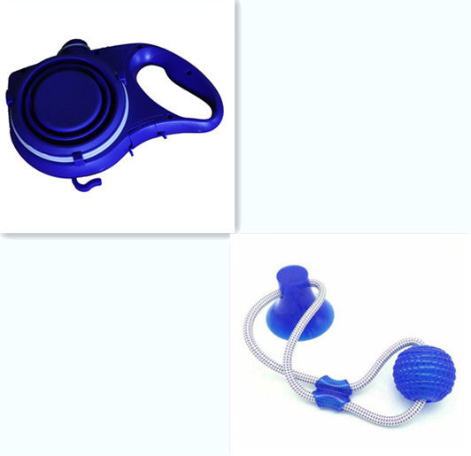 Blue pet toy set with retractable handle and ball on a white background