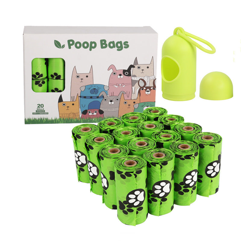Dog poop bags with a packaging box and a green bag dispenser on a white background