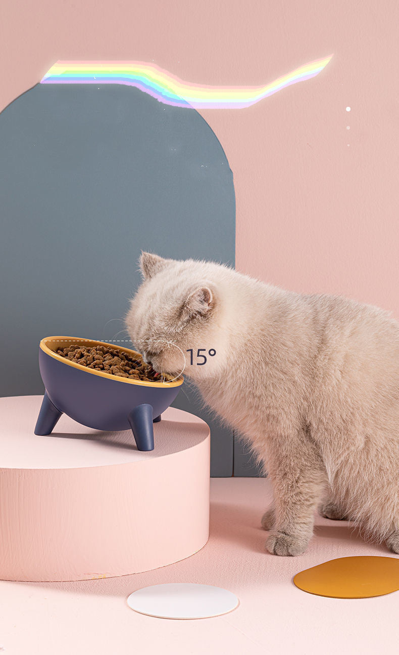 Cat eating from a blue bowl with a 15-degree angle label on a pink and gray background