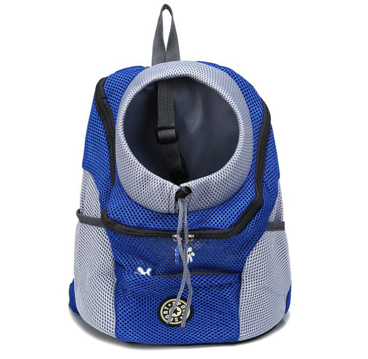 Blue and gray pet carrier backpack on a white background