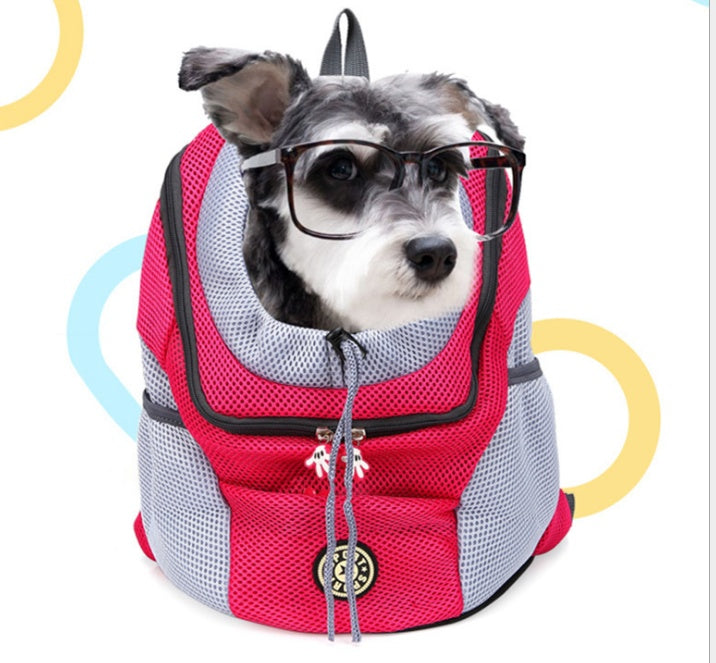 Dog wearing glasses and a red and gray backpack on a white background
