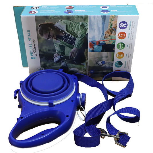 Blue pet water bottle and leash set with packaging in the background