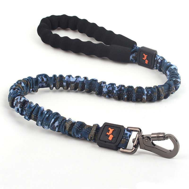 Blue camouflage dog leash with black clip on a white background