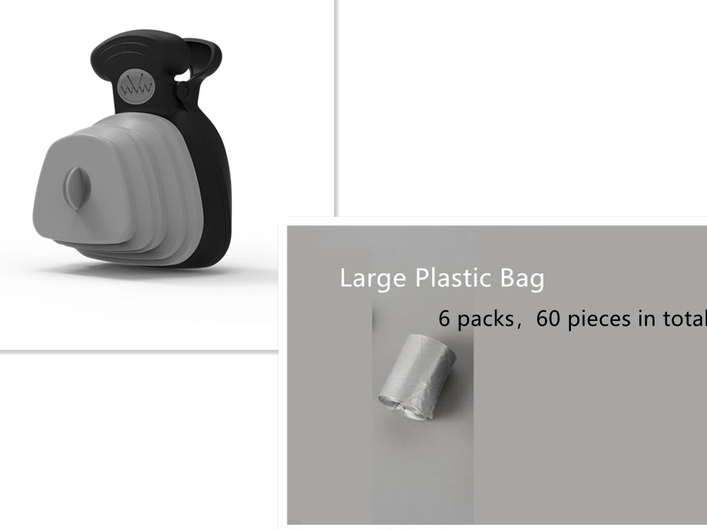 Black and gray plastic bag dispenser with text indicating 'Large Plastic Bag' and quantity on a white background.