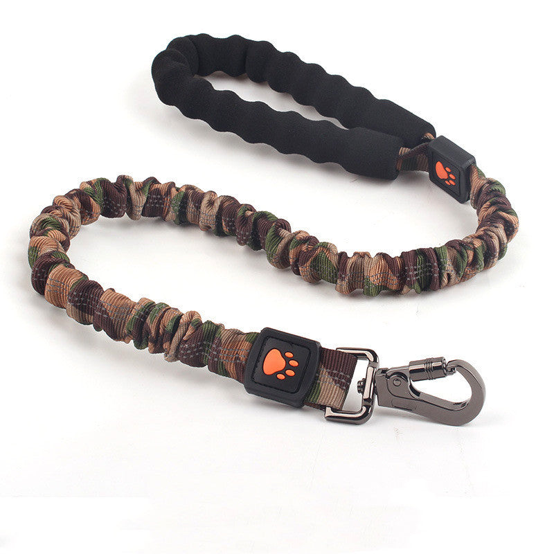 Camo-patterned dog leash with black handle and metal clip on a white background
