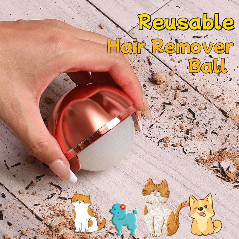 Reusable hair remover ball held by a hand with cartoon animals at the bottom.