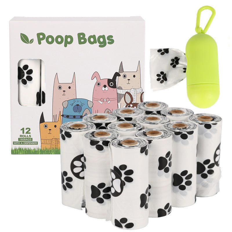 Dog poop bags with packaging and dispenser on a white background