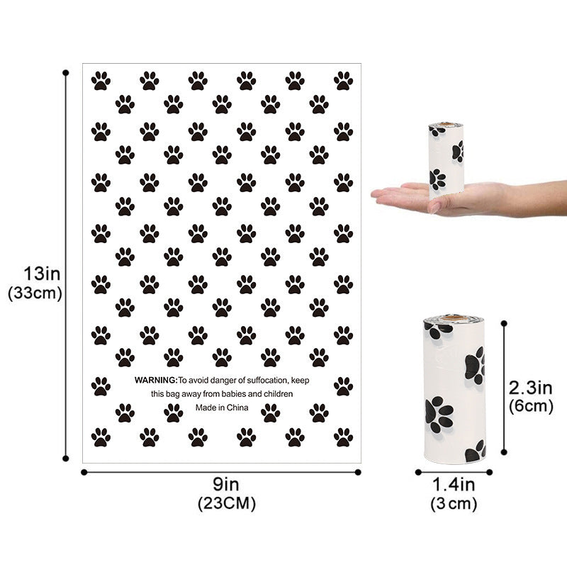 Measurement chart showing dimensions of a product with paw print design, including a hand holding a roll for scale.