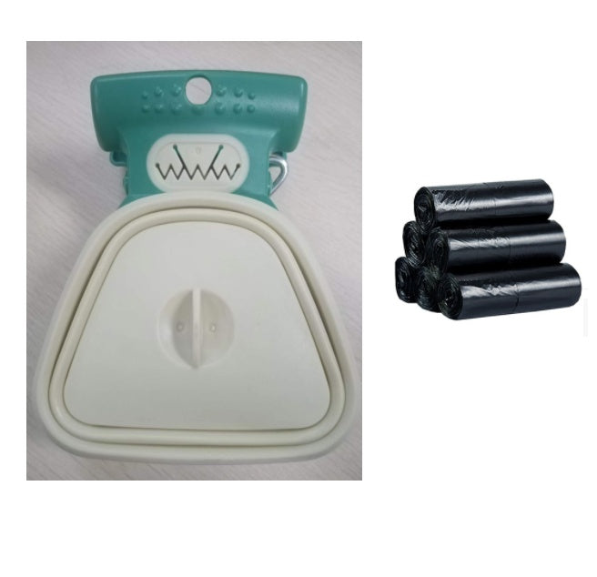 Pet waste bag dispenser with teal top and black pet waste bags on a white background