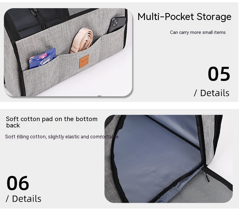 Gray multi-pocket pet carry bag with items inside, showing its capacity and features.