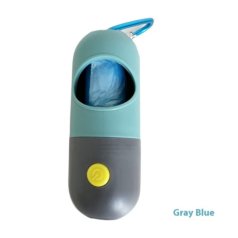 Gray and blue pet waste bag dispenser on a white background