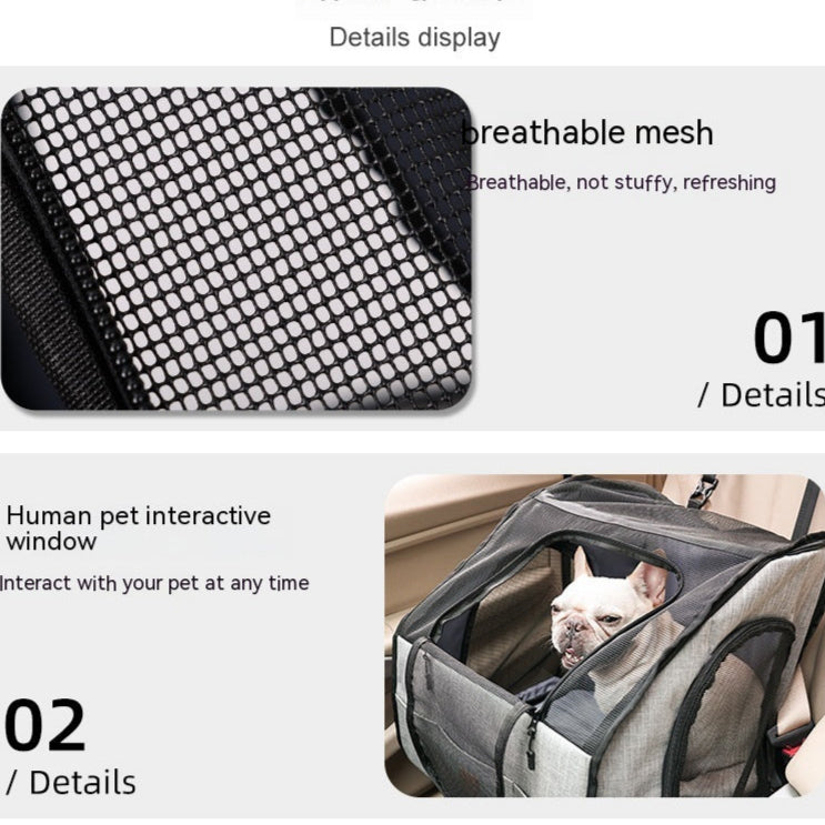 Pet carrier with breathable mesh and window, featuring a dog inside.