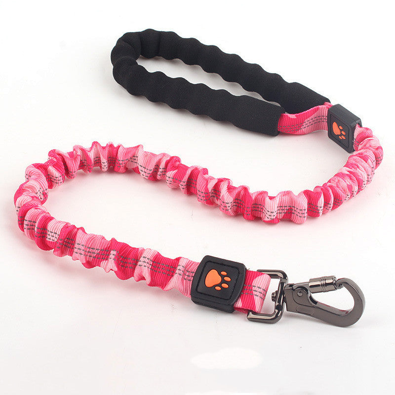 Pink and black dog leash with carabiner on a white background