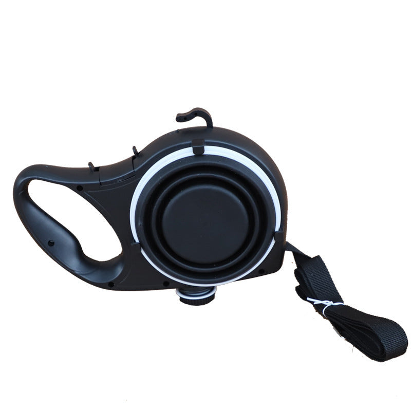 Black retractable dog leash on a white background