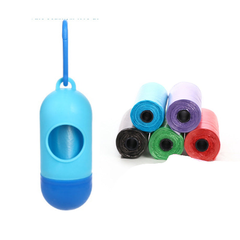 Blue pet waste bag dispenser with colorful bags on a white background
