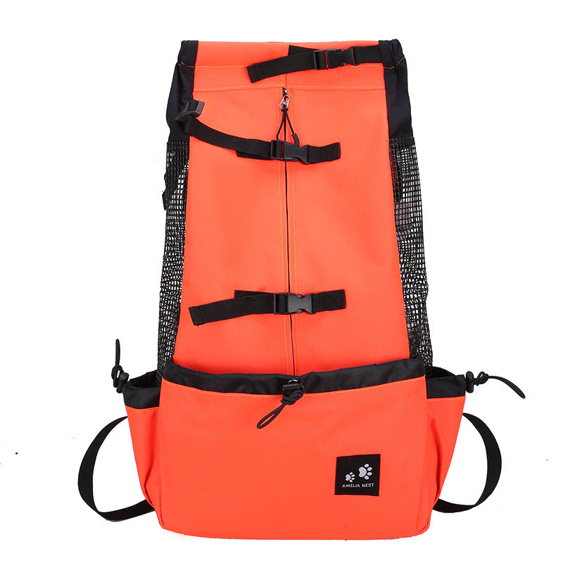Orange backpack with black straps and a visible brand logo on a white background