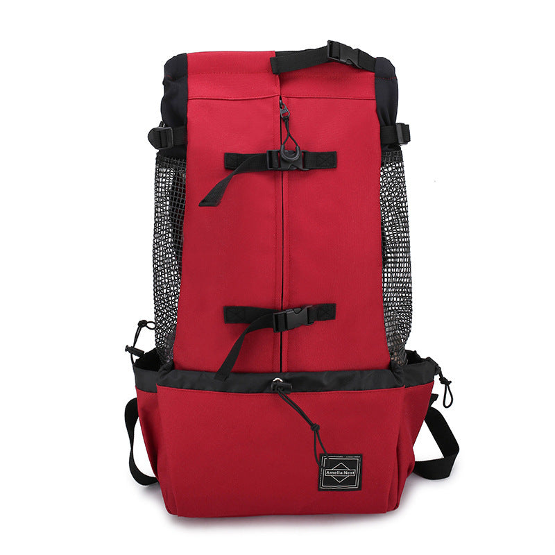 Red backpack with black straps on a white background