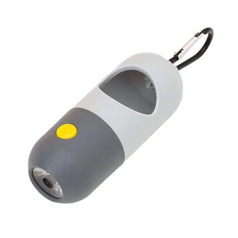 Portable dog waste bag dispenser with a carabiner on a white background
