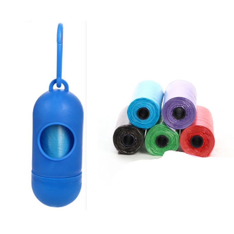 Blue pet waste bag dispenser with multiple colored bags on a white background