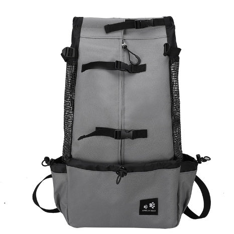 Gray backpack with black straps on a white background