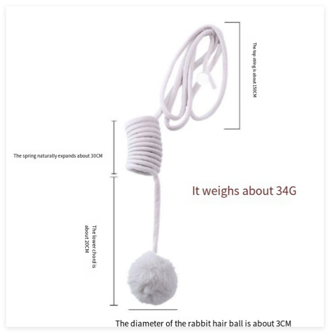 White cat toy with a rabbit hair ball and measurement details on a white background