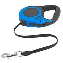 Retractable dog leash with blue handle and black strap on a white background