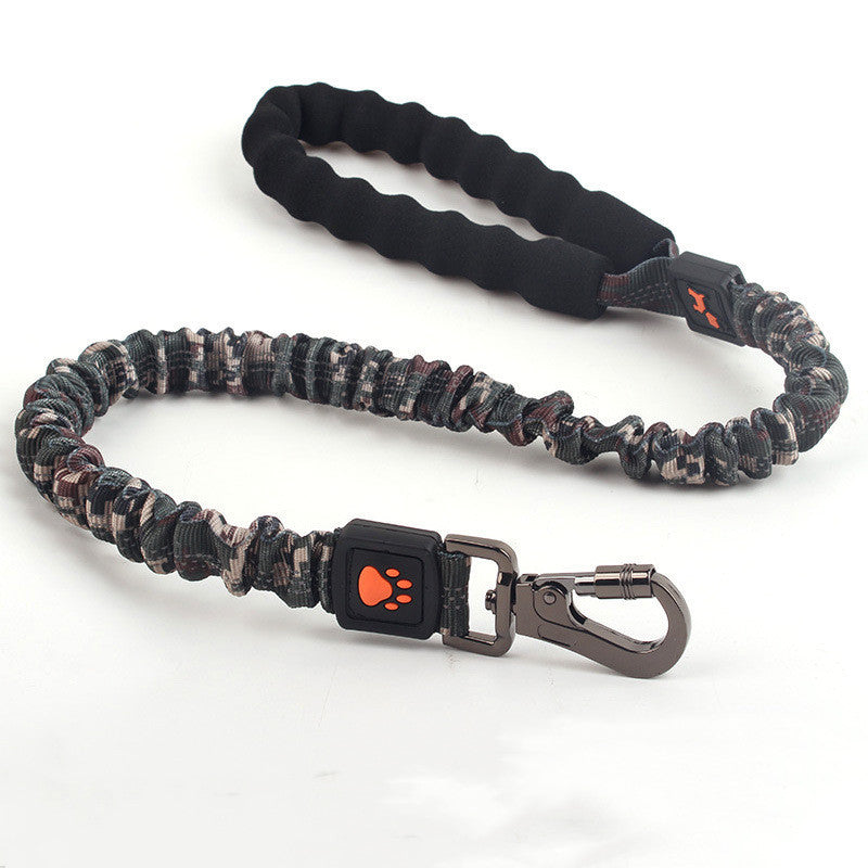 Dog leash with camouflage pattern and carabiner on a white background