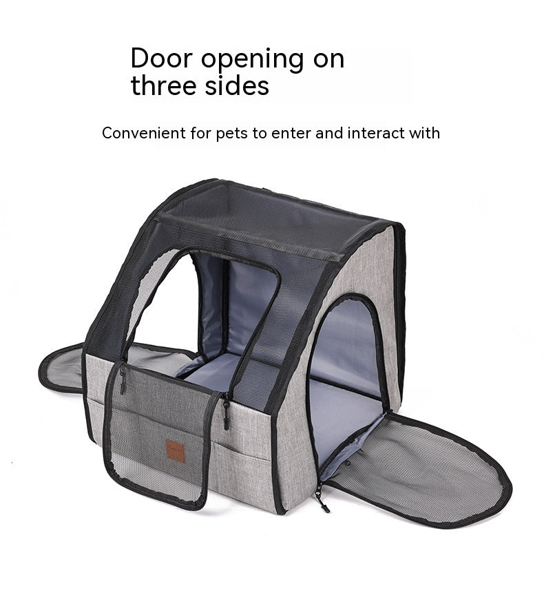 Pet carrier with opened door on three sides on a white background