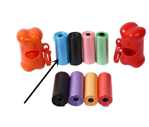 Colorful dog waste bag dispenser and bags on a white background