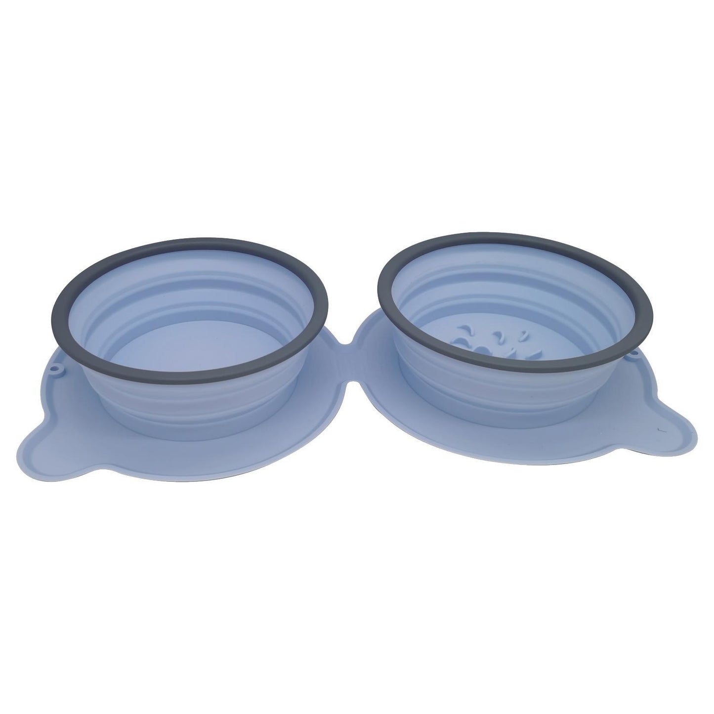 Collapsible blue pet bowls with black rims on a white background