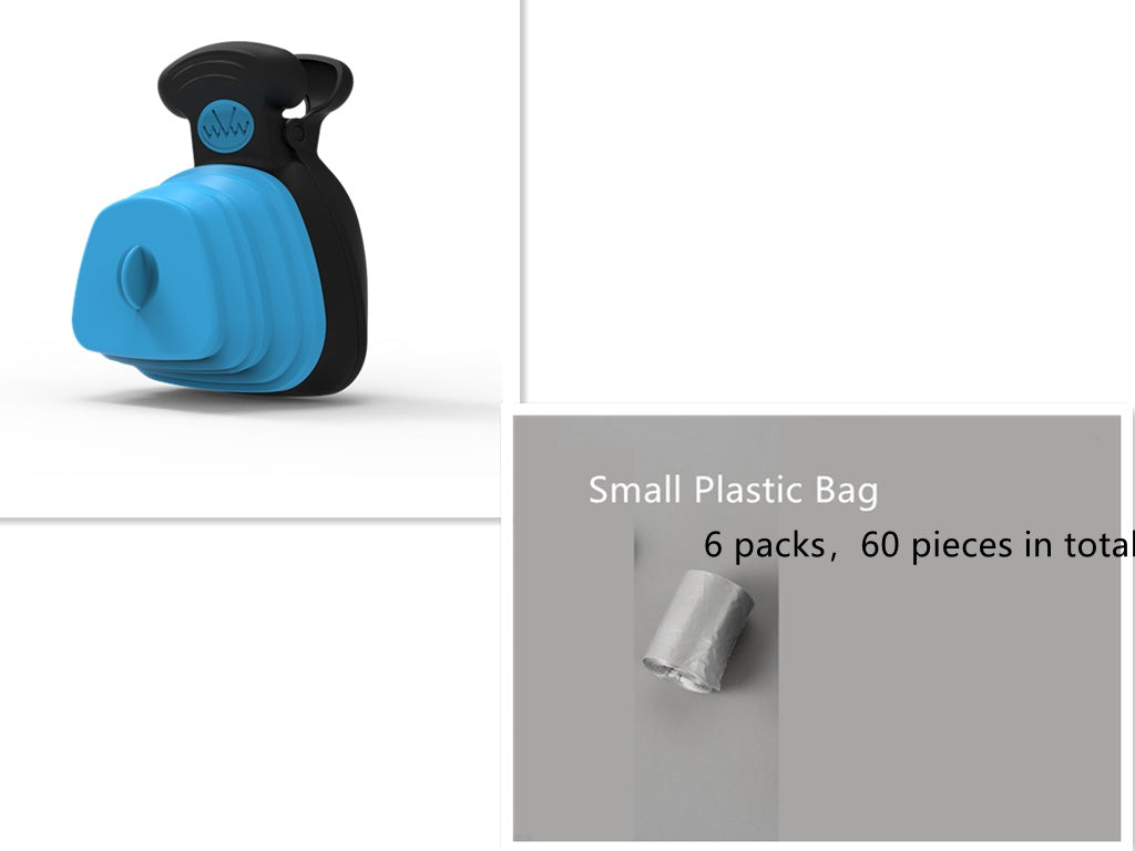 Blue and black plastic bag dispenser with small plastic bags on a white background