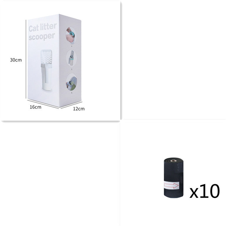 Cat litter scoop packaging with dimensions and a roll of black bags labeled 'x10' on a white background.