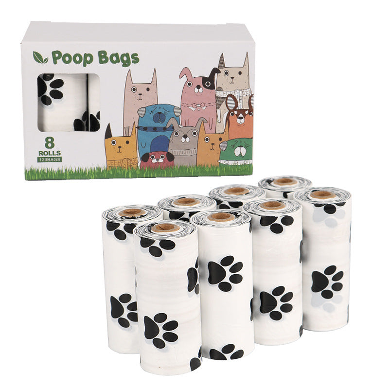 Rolls of dog poop bags with a cartoon dog pack in the background