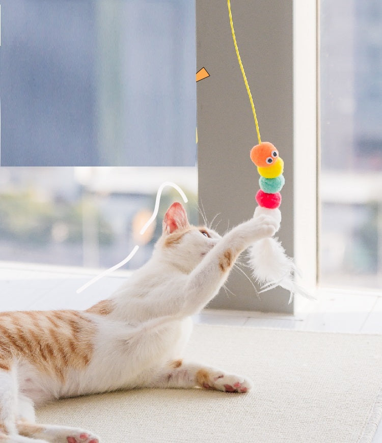 Cat playing with a colorful string toy with feathers