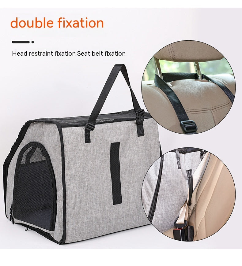 Pet carrier with head restraint and seat belt fixation features on a white background