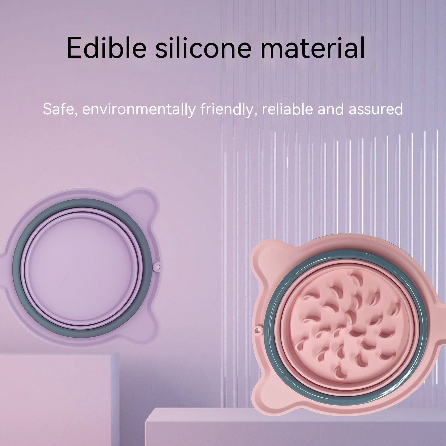 Edible silicone material product with text on a light purple background