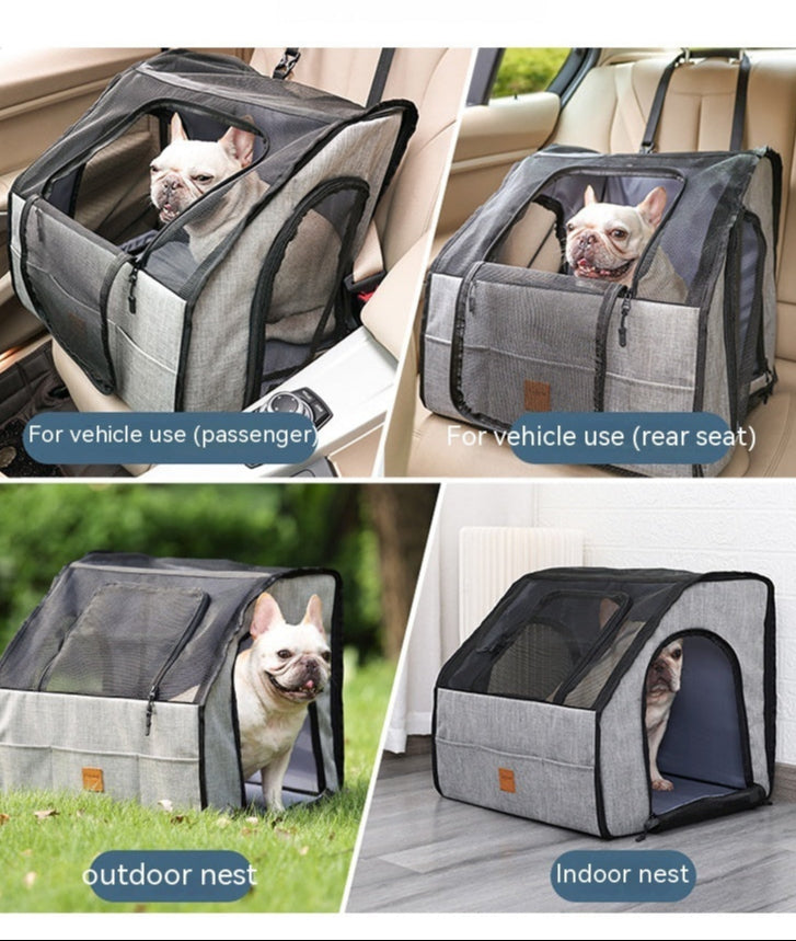 Pet carrier for vehicle use, outdoor, and indoor settings with a dog inside.