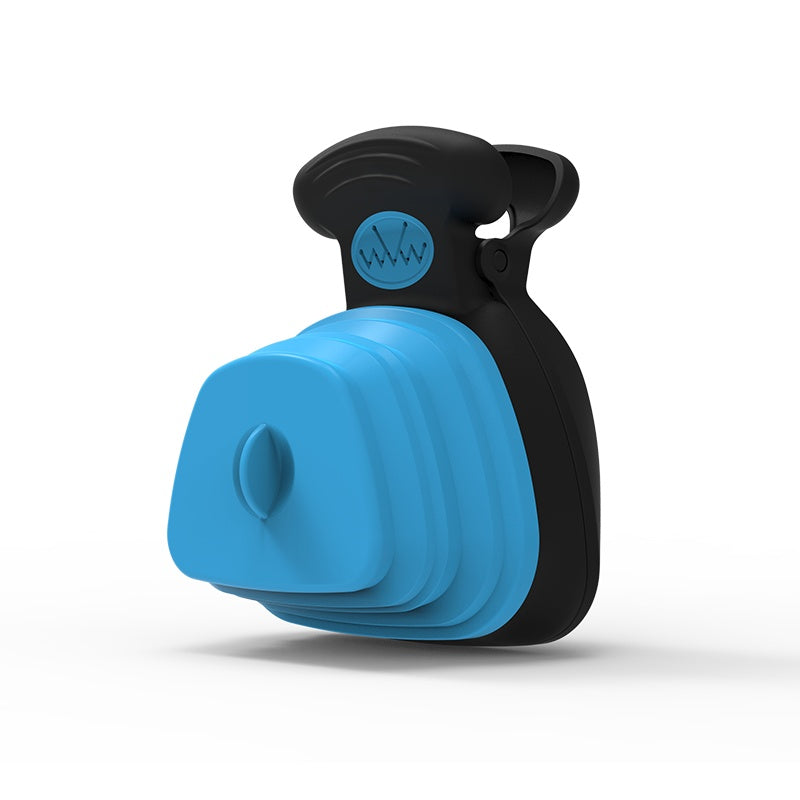 Blue and black dog waste bag dispenser on a white background