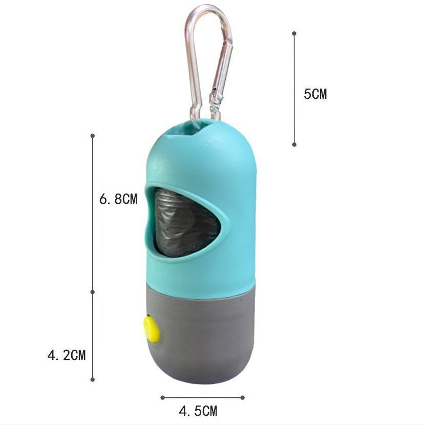 Portable dog waste bag dispenser with measurements on a white background