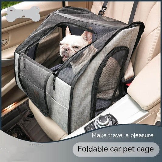 Foldable car pet cage with a dog inside, placed on a car seat.