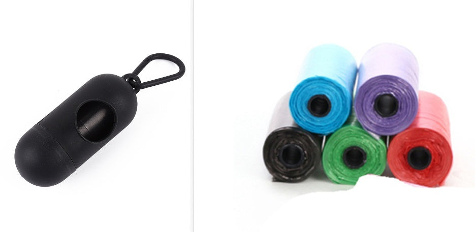 Black dog waste bag dispenser with colorful rolls of dog waste bags on a white background