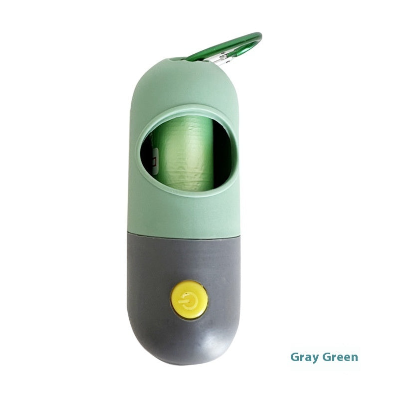 Gray green and yellow pet waste bag dispenser on a white background