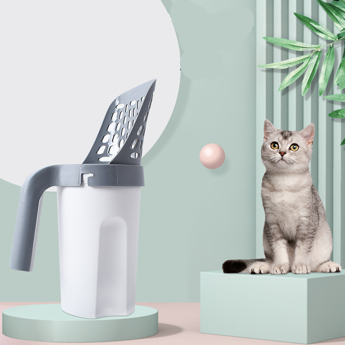 Cat litter scoop with a cat in a minimalistic setting