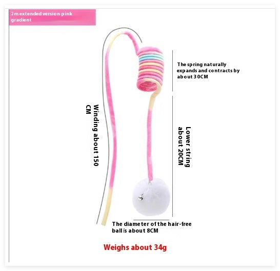Cat toy with pink gradient spring and white ball, showing measurements and weight on a white background.